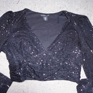 Sincerely Jules Bandier Sequin Top Black Deep V Long Sleeve Sz XL Party